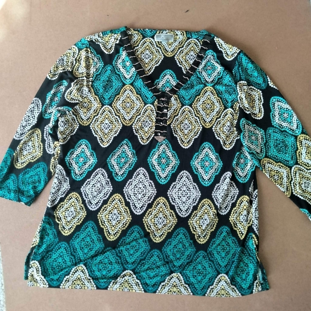 JM COLLECTION‎ WOMEN'S GREEN BLACK TUNIC TOP DECORATED WITH SEQUINS SIZE. PL